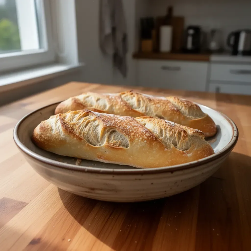 Hausgemachte Baguette frisch aus dem Ofen, knusprig und goldbraun.