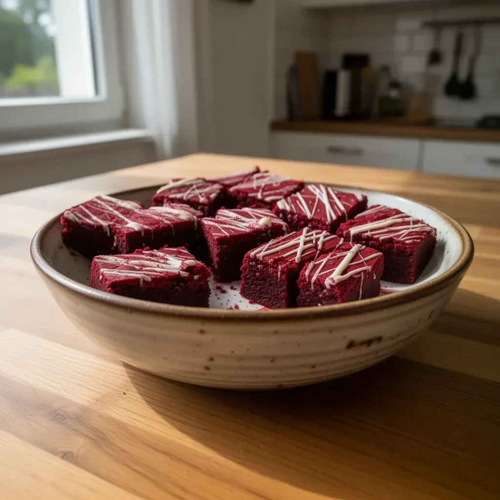 Leckere rote Samt-Brownies auf einem Teller, ideal für jedes Dessert.
