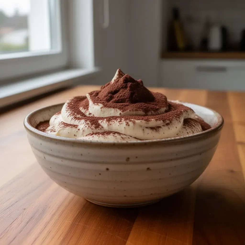 Einfache Tiramisu-Mousse in einer eleganten Dessertschale serviert