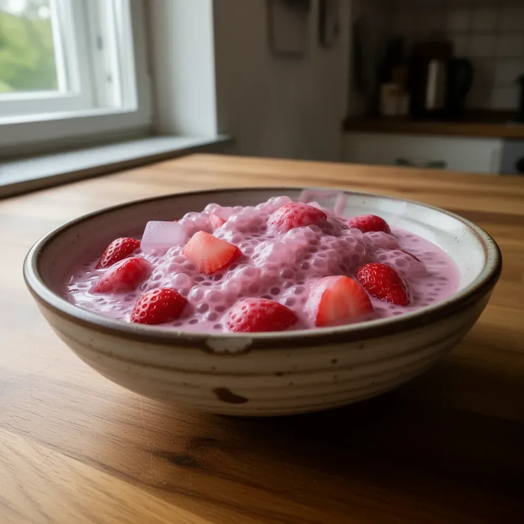 Erfrischender Erdbeersago mit frischen Erdbeeren in einer Schüssel