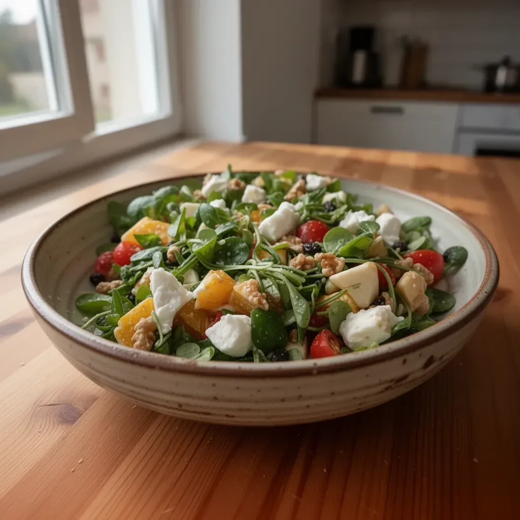 Bunter frischer Salat mit Gemüse und Dressing auf einem Teller