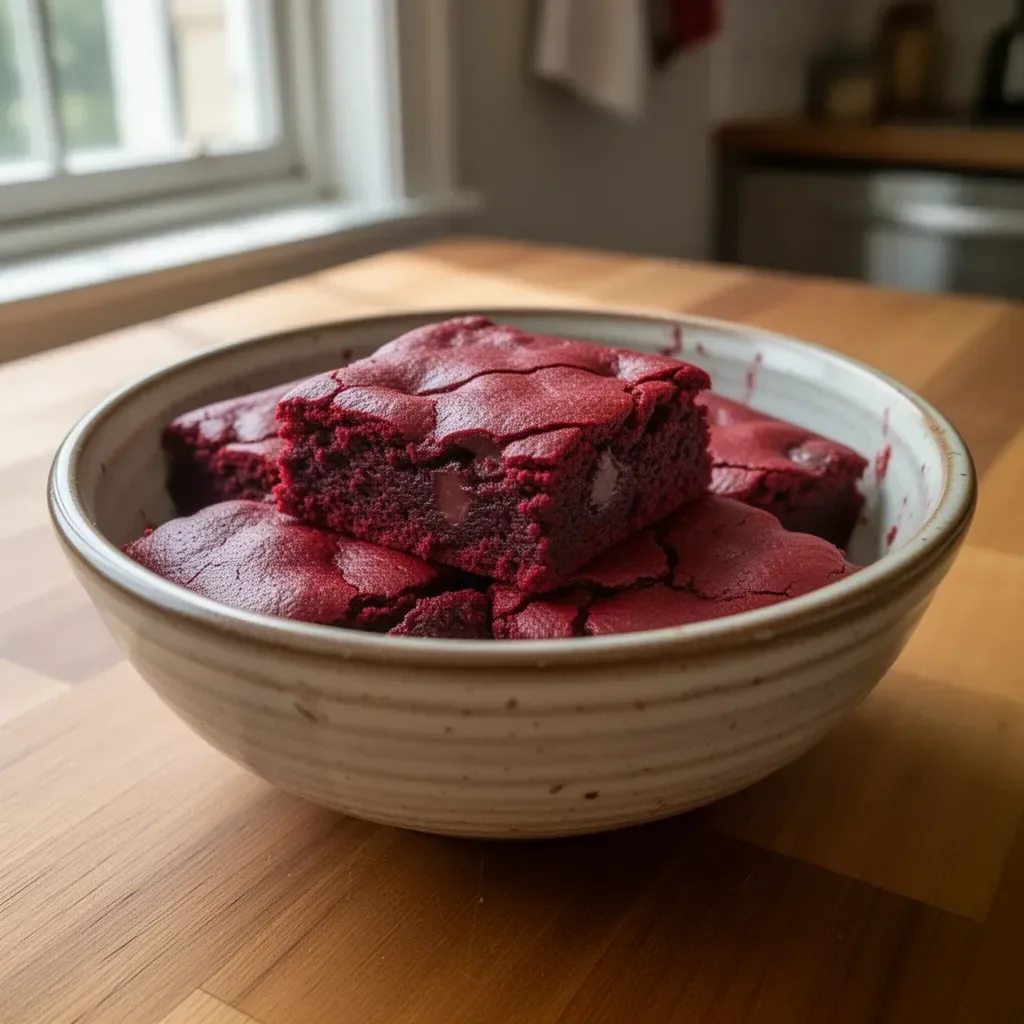 Fudgy Rotvelvet Brownies mit Schokolade und einer roten Farbe