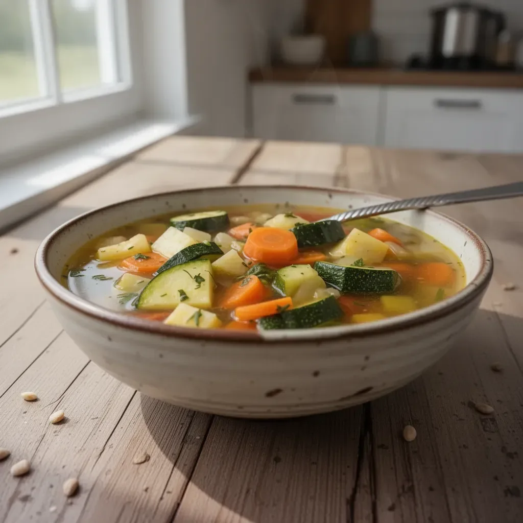 Schüssel mit frischer Gemüsesuppe und Zucchini