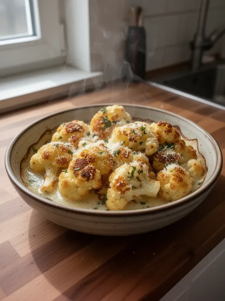 Goldene Ofen- Blumenkohlstücke mit knusprigem Käse