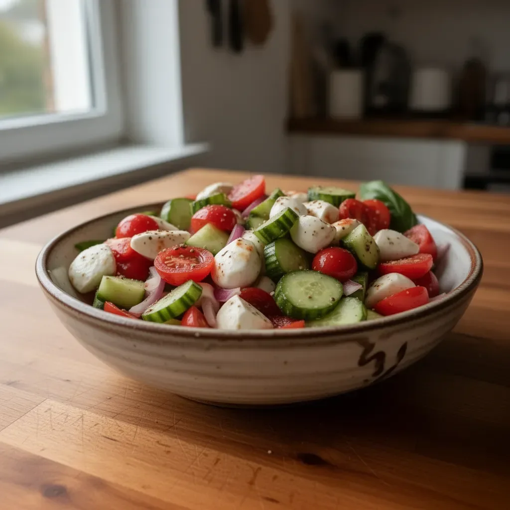 Erfrischender Gurken-Caprese-Salat mit Tomaten und Mozzarella