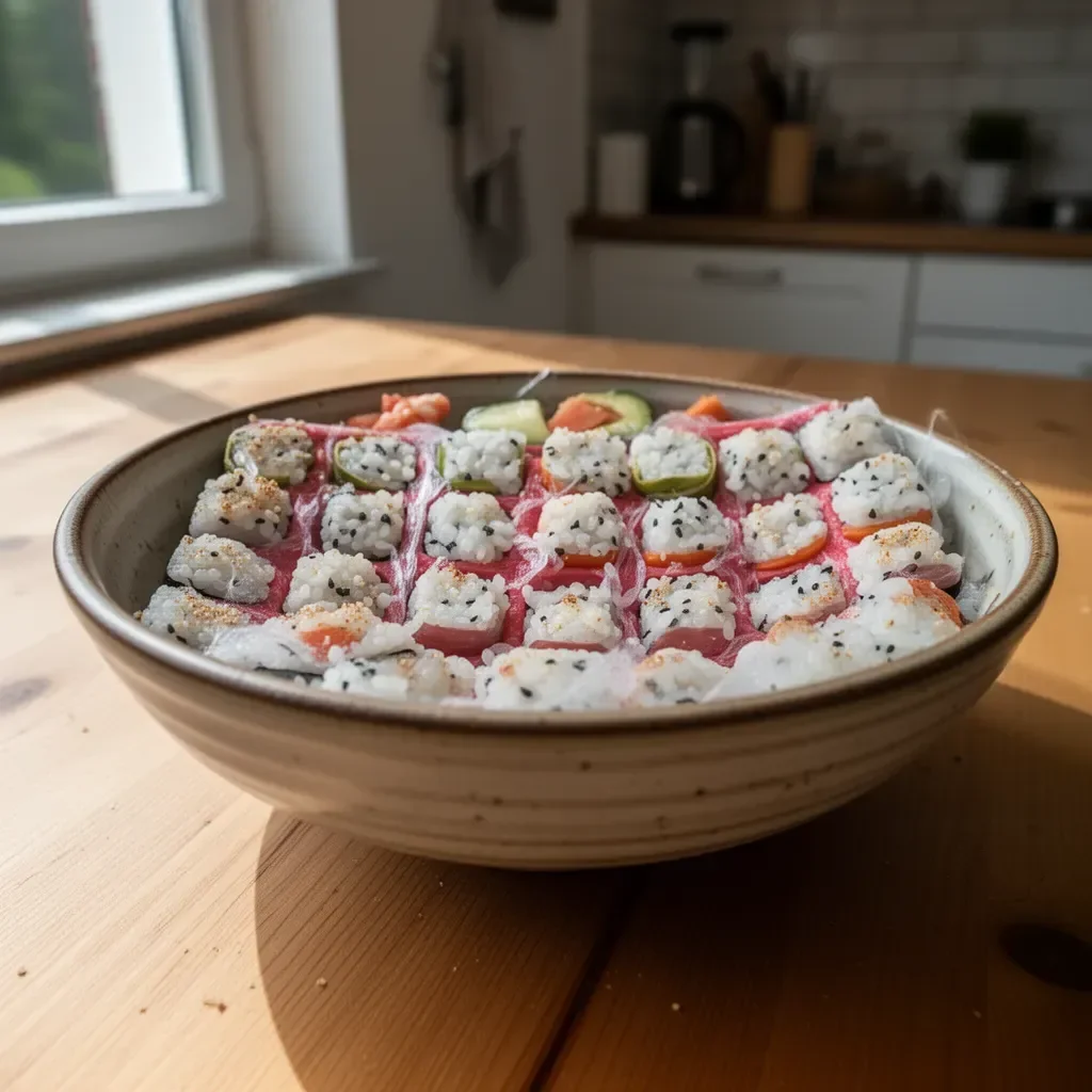 Hausgemachte Sushis mit frischen Zutaten auf einem Tisch serviert