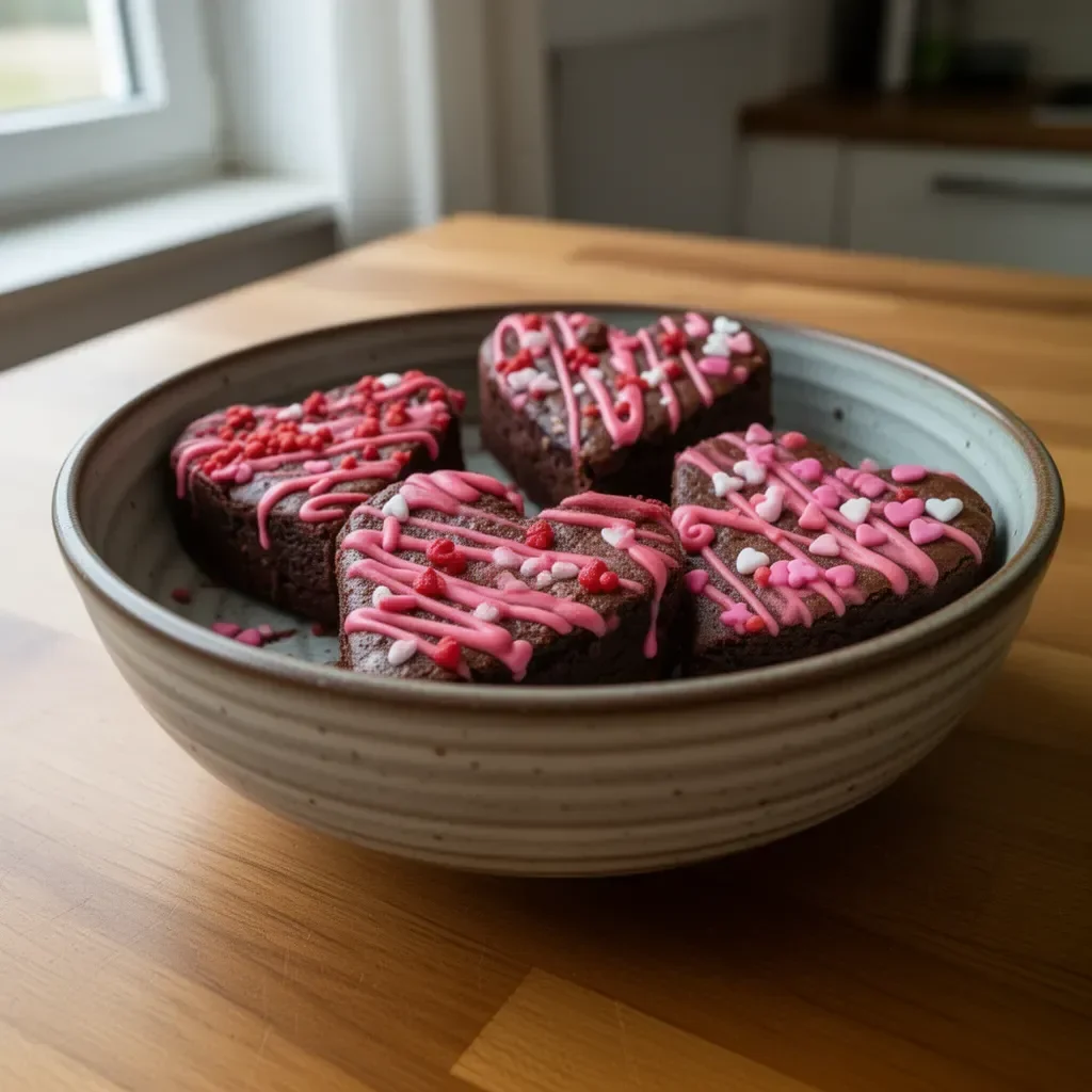 Herzförmige Brownies auf einem Teller angerichtet