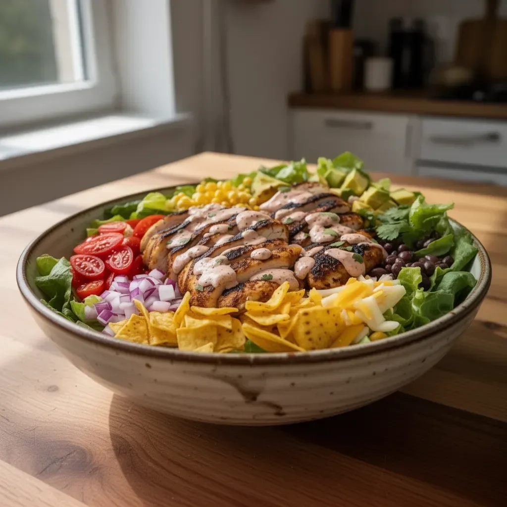 Hühnchen-Taco-Salat mit frischen Zutaten und ansprechender Anrichtung