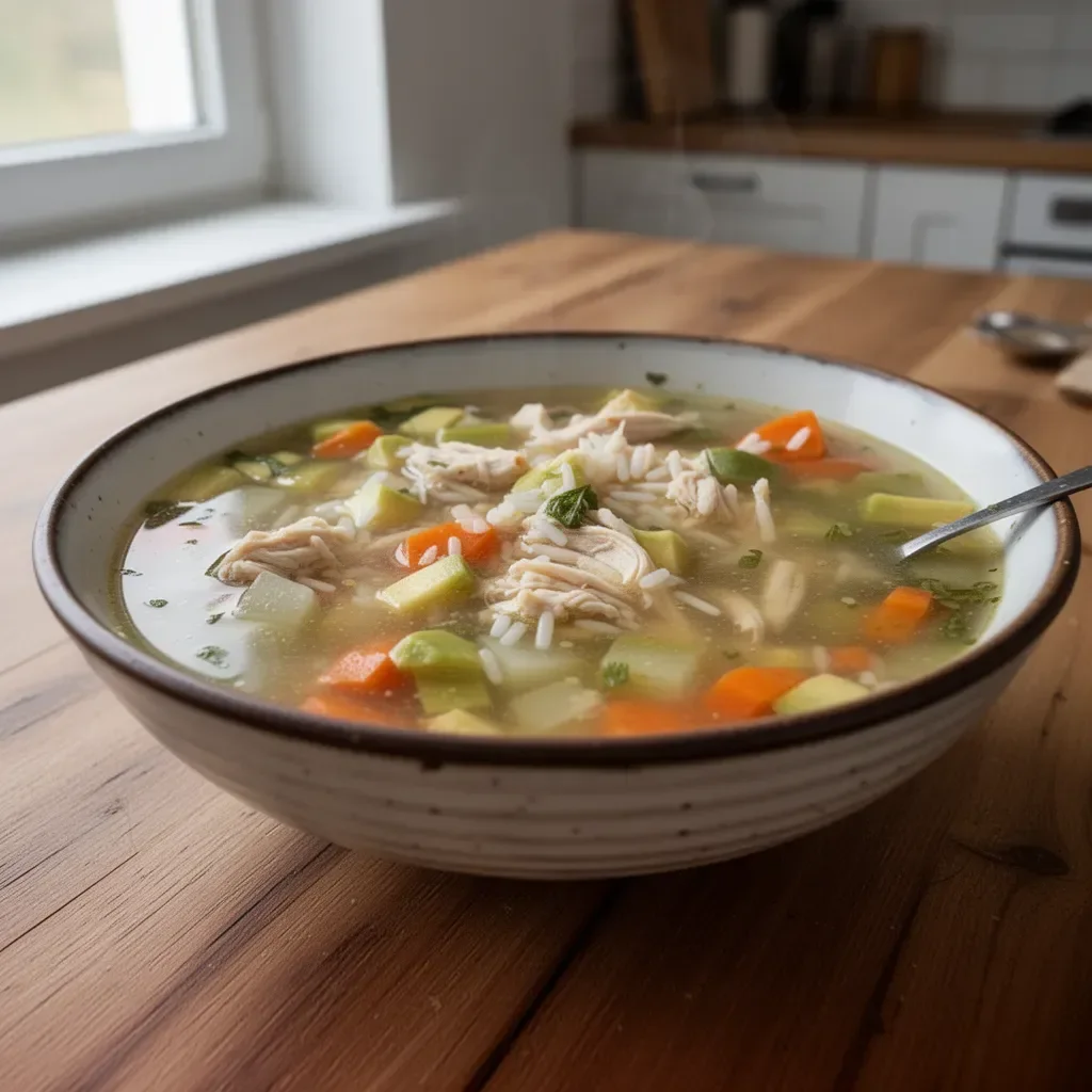 Schüssel Hühnersuppe mit Reis auf einem Tisch serviert