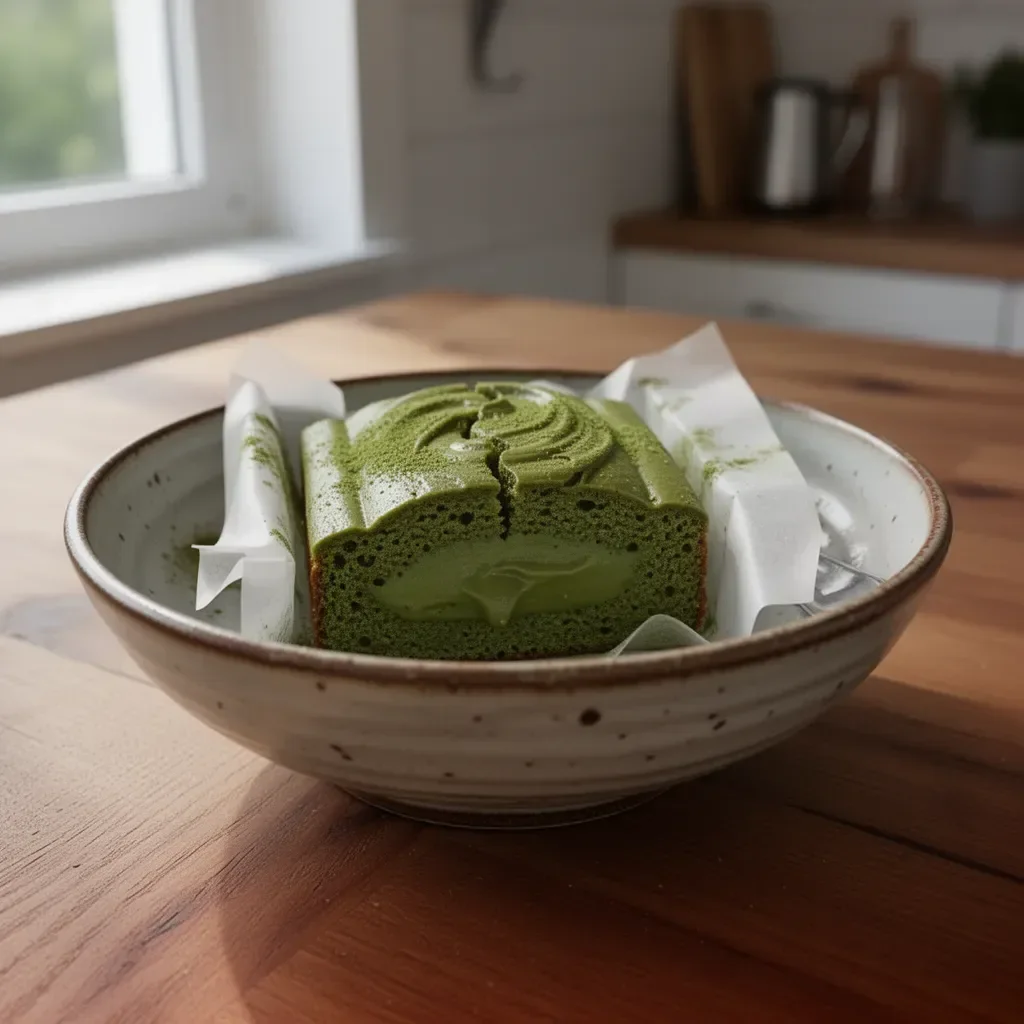 Japanischer Matcha-Kuchen mit frischem Matcha-Pulver und verführerischer Glasur