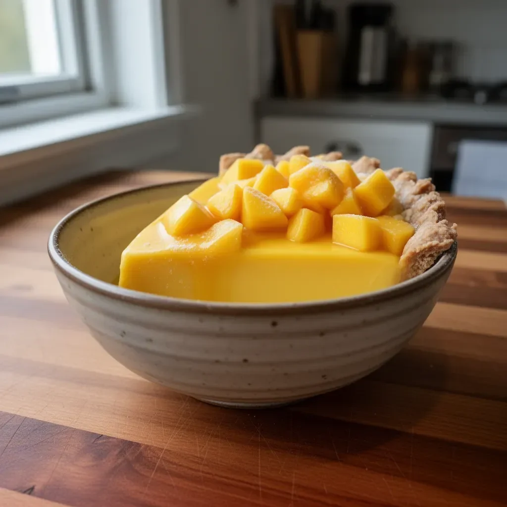 Kalter Mangodessert mit frischen Mangos und Sahne auf einem Teller serviert.