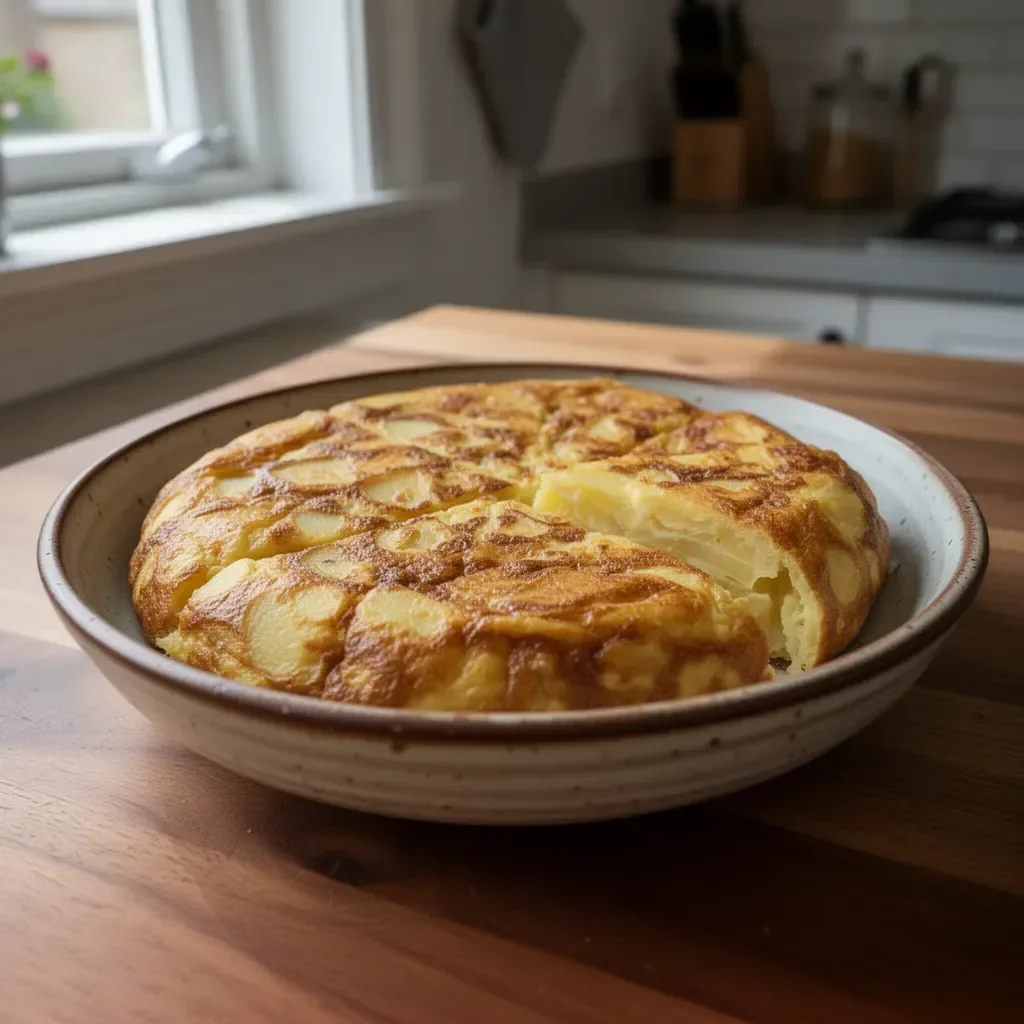 Leckere Kartoffeltortilla mit frischen Zutaten auf einem Teller serviert.