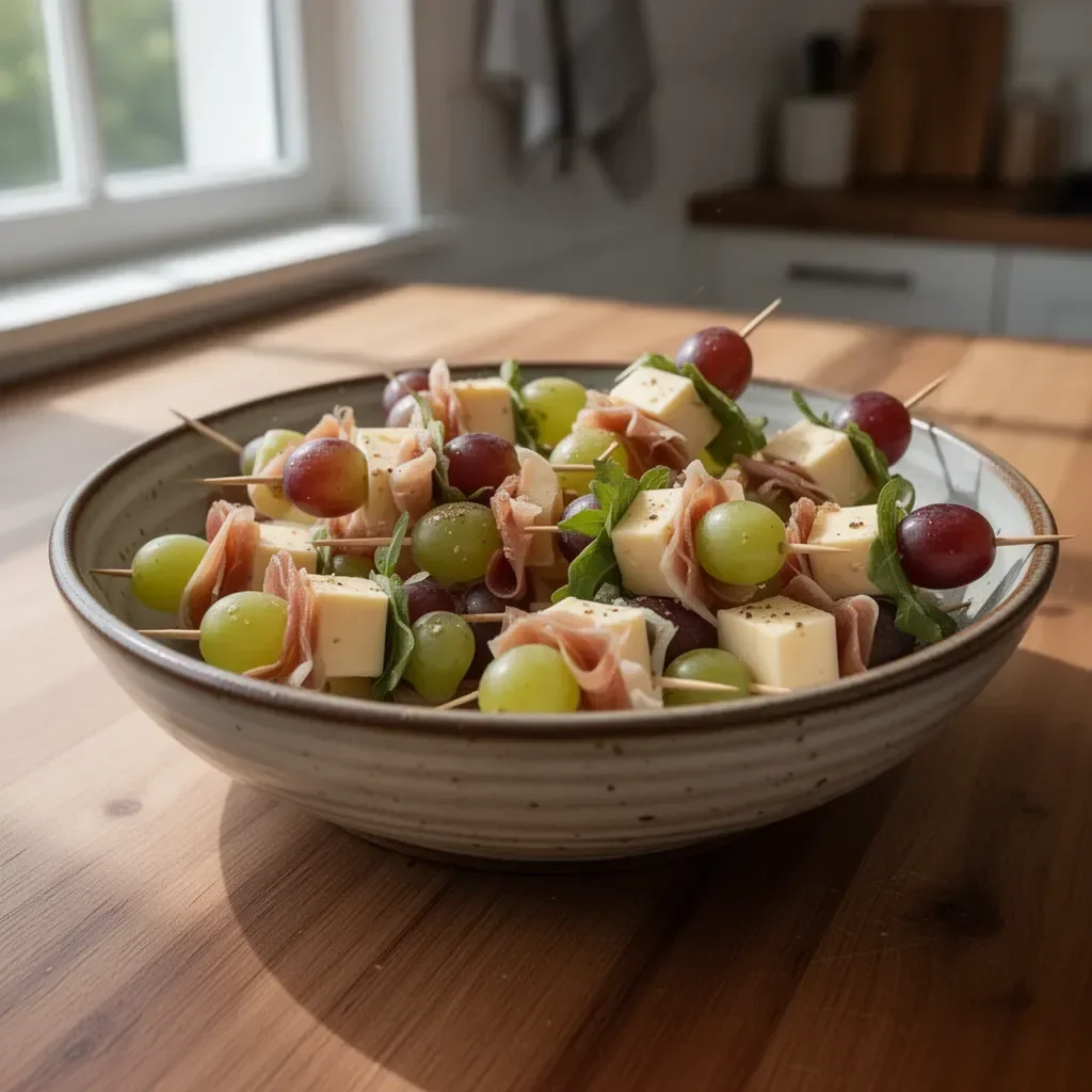 Käse- und Trauben-Spieße auf einem Servierteller