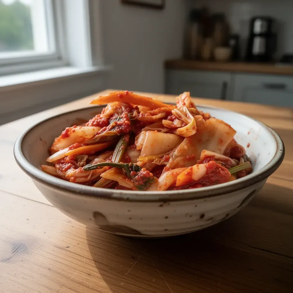 Hausgemachtes Kimchi in einem dekorativen Glasbehälter.