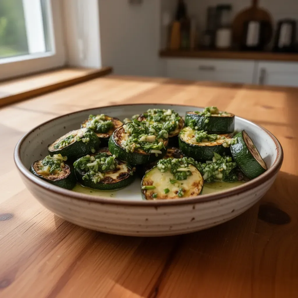 Gekochte Knoblauch-Zucchini mit frischen Kräutern auf einem Teller