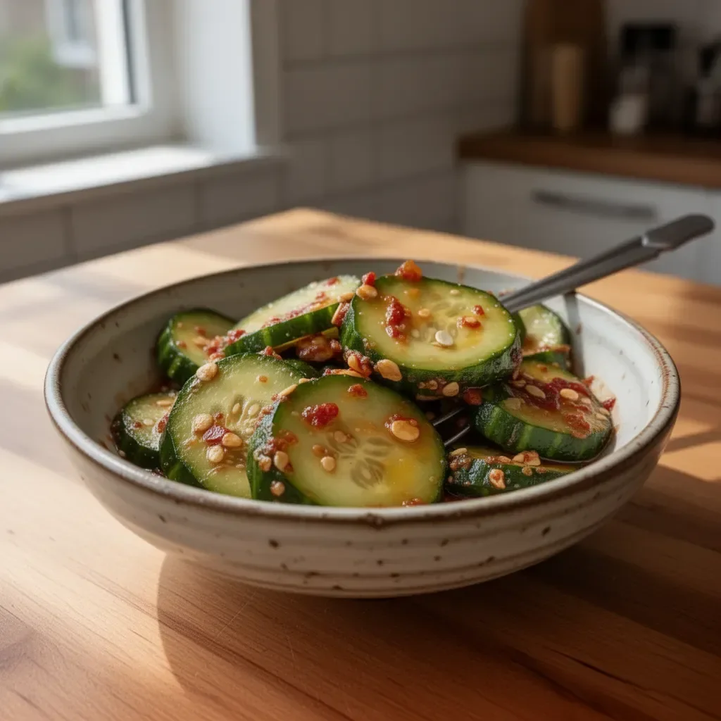 Schüssel mit koreanischem Gurkensalat, frisch und appetitlich angerichtet.