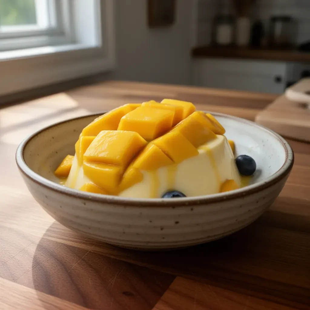 Cremiges Mango Panna Cotta mit frischen Mangostücken und Fruchtsoße
