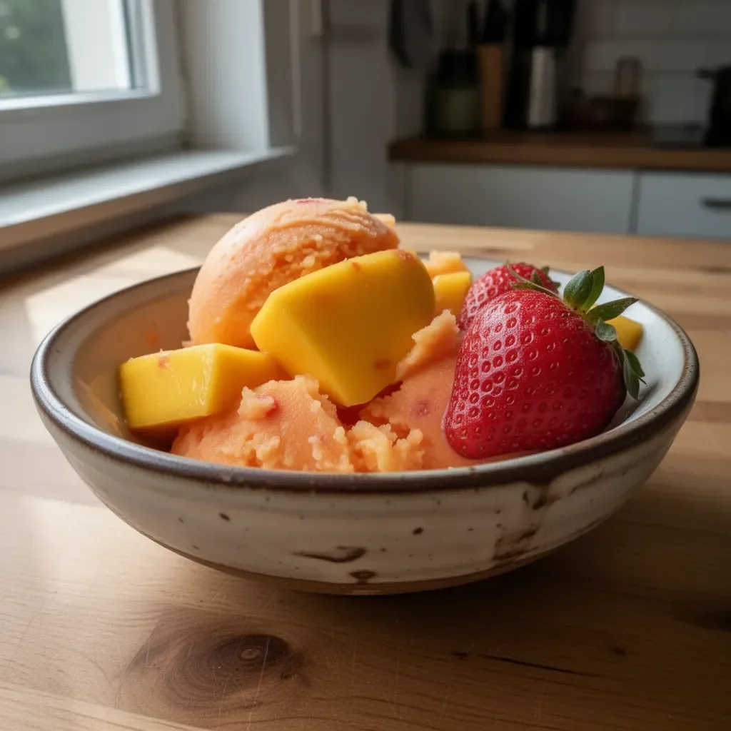 Mango und Erdbeersorbet in einer Schale, dekoriert mit frischen Früchten