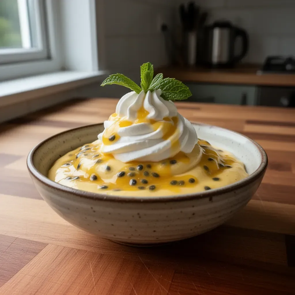 Maracuja-Mousse in einer eleganten Dessertschale serviert