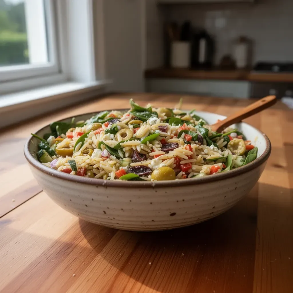 Mediterrane Orzo-Pastasalaat mit buntem Gemüse und Kräutern.