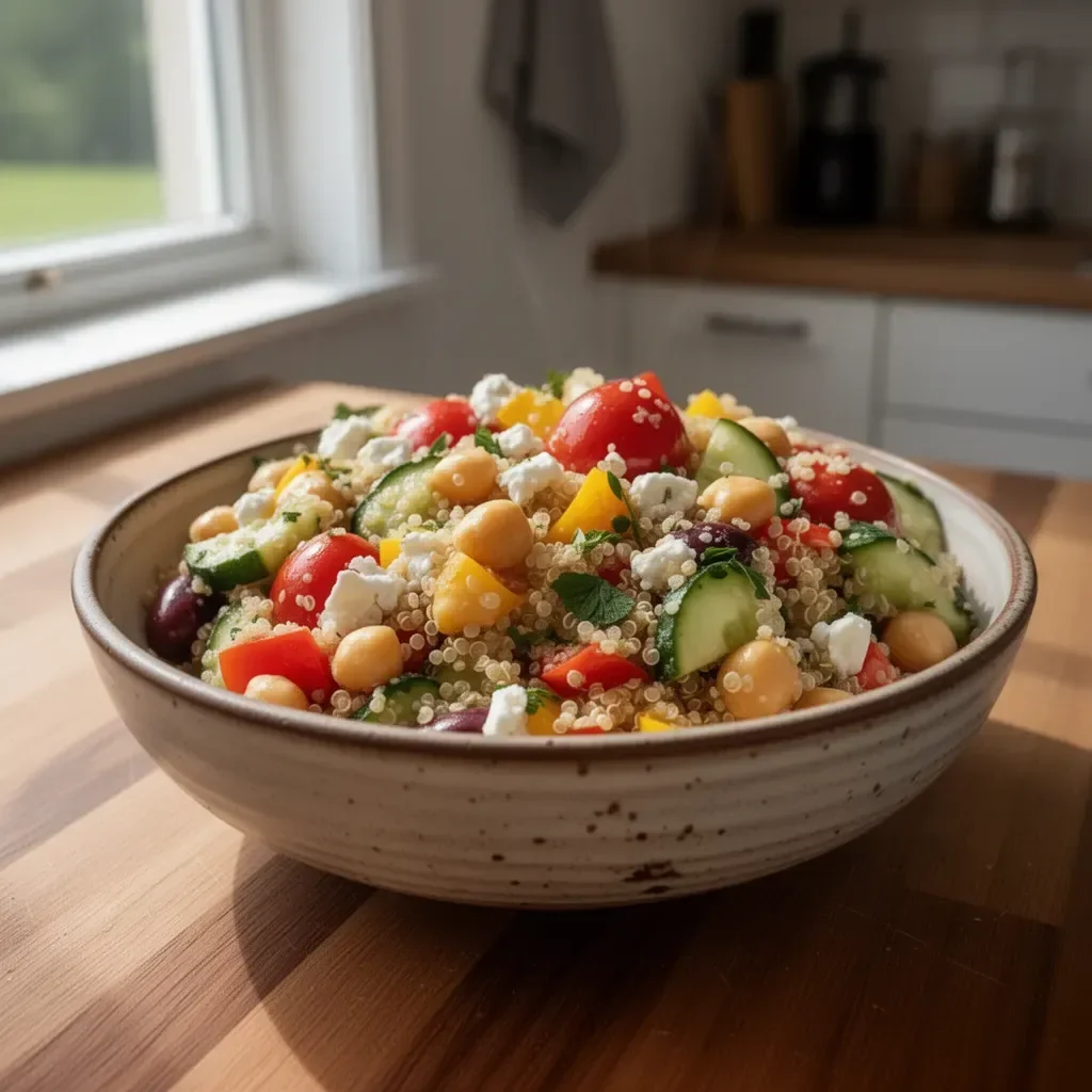 Mediterraner Quinoasalat mit frischem Gemüse und Olivenöl