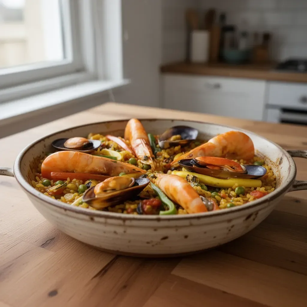 Leckere Meeresfrüchte-Paella mit frischen Zutaten und aromatischen Gewürzen.