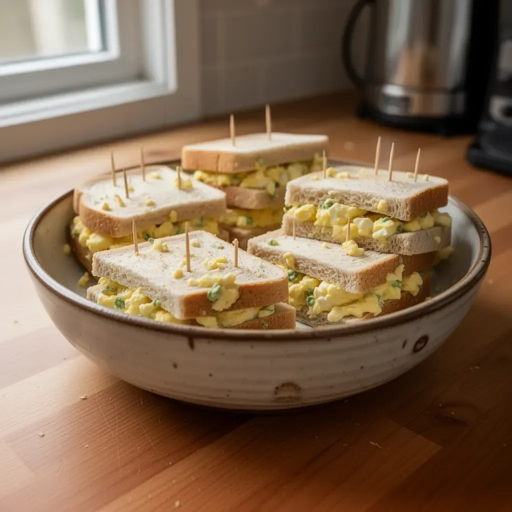 Mini-Eiersalat-Sandwiches auf einem weißen Teller