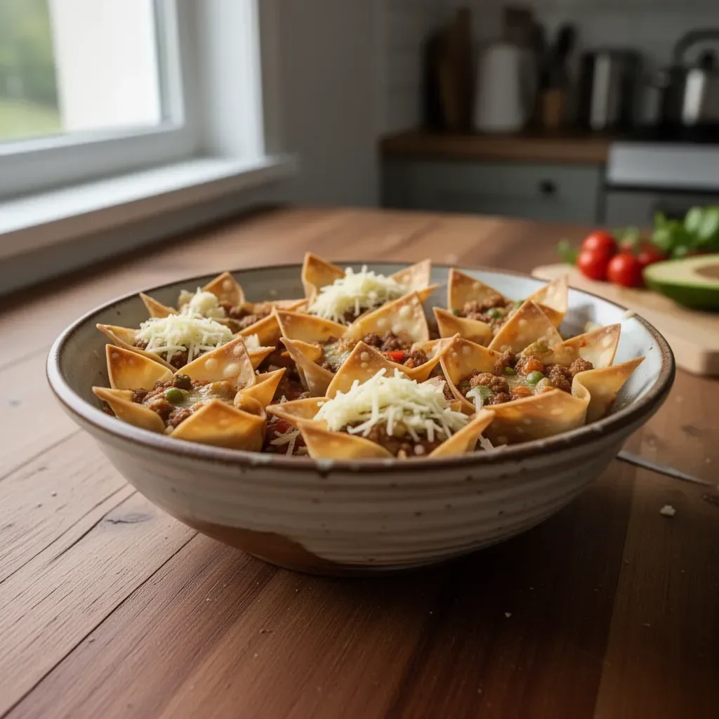 Mini-Wonton-Taco-Tassen gefüllt mit frischen Zutaten und Gewürzen.