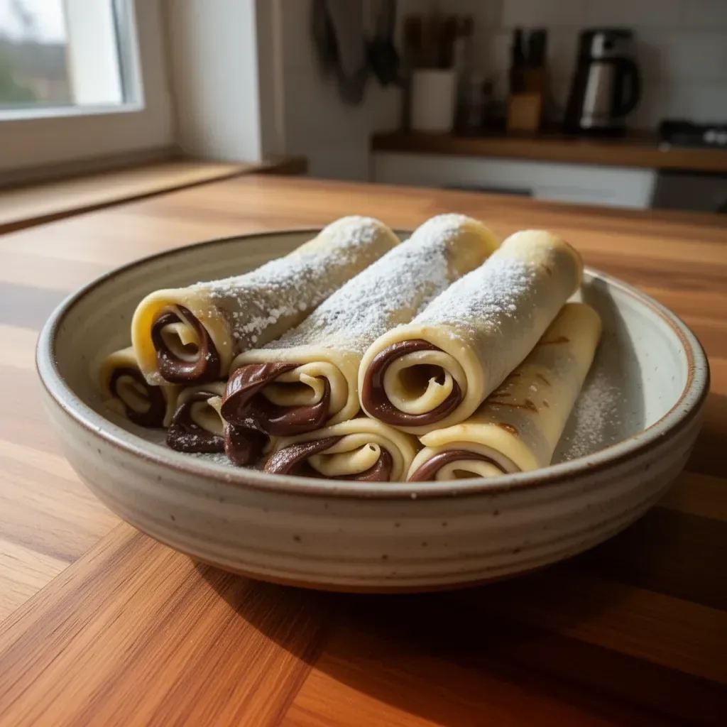 Leckere Nutella-Crepes-Rollen auf einem Teller serviert
