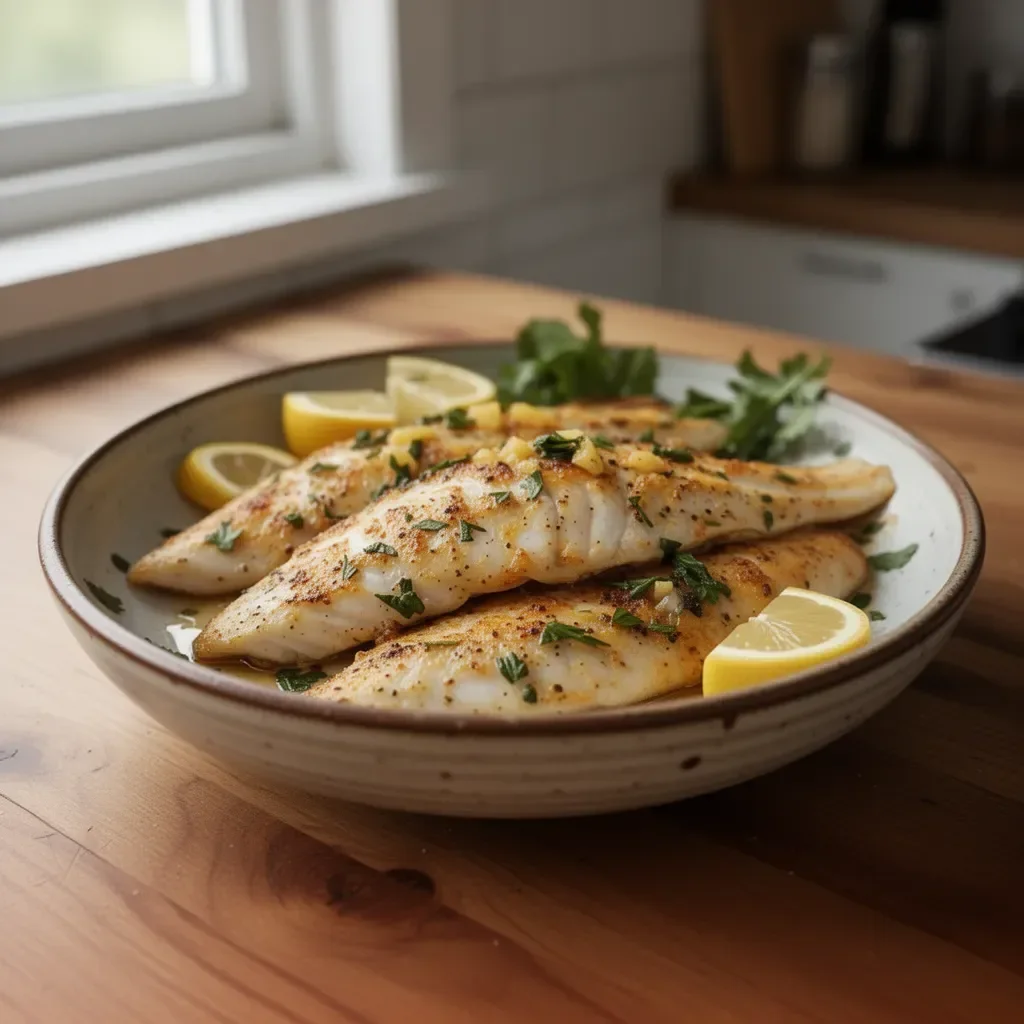 Ofen-Tilapia auf einem Teller, serviert mit frischem Gemüse