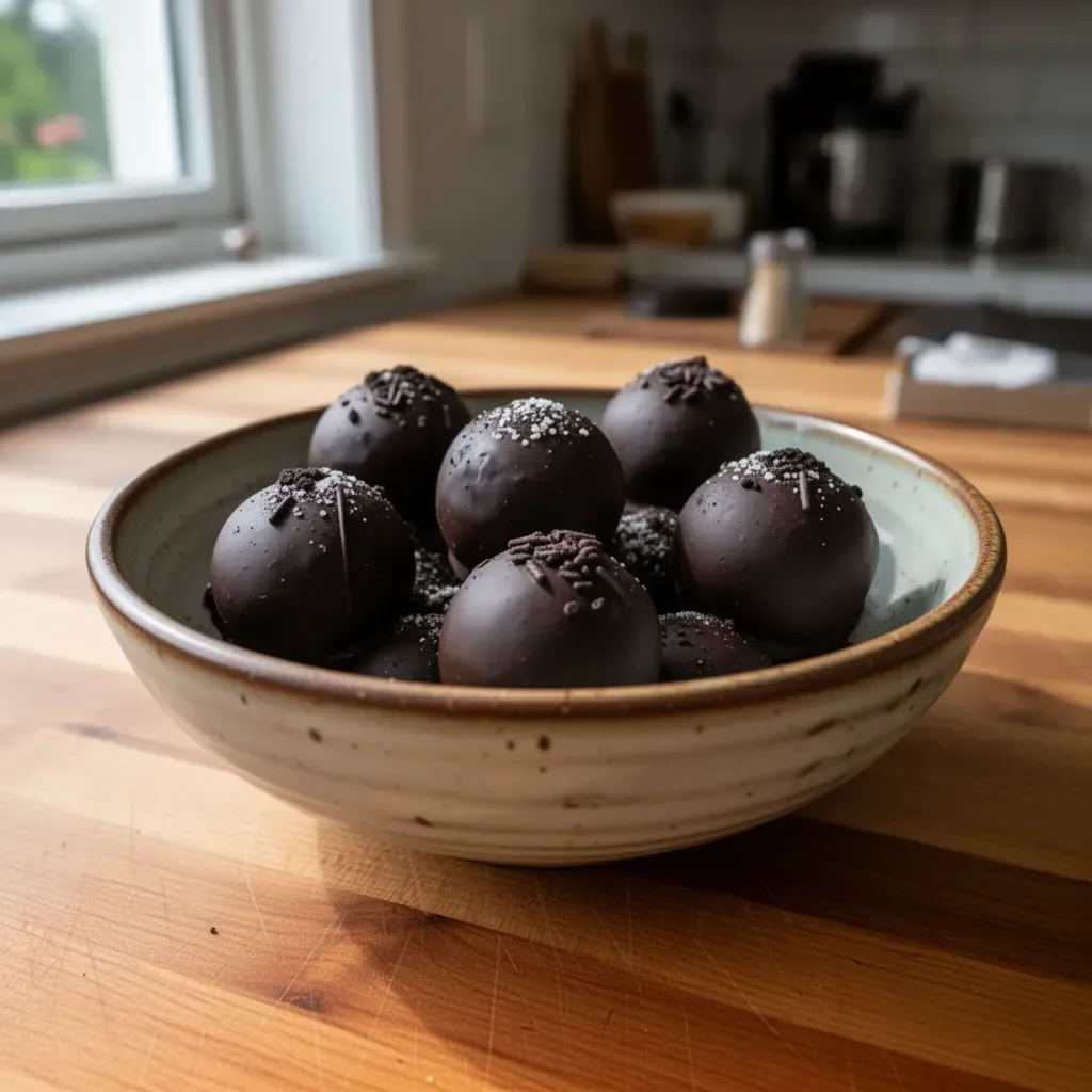 Leckere Oreo-Kugeln auf einem Teller, dekoriert mit Schokolade
