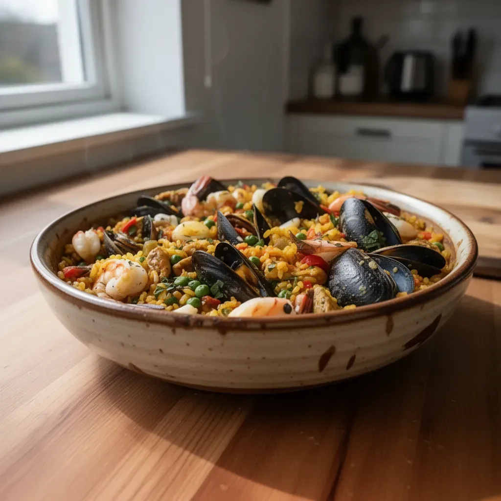 Traditionelle Paella mit Meeresfrüchten und Gemüse