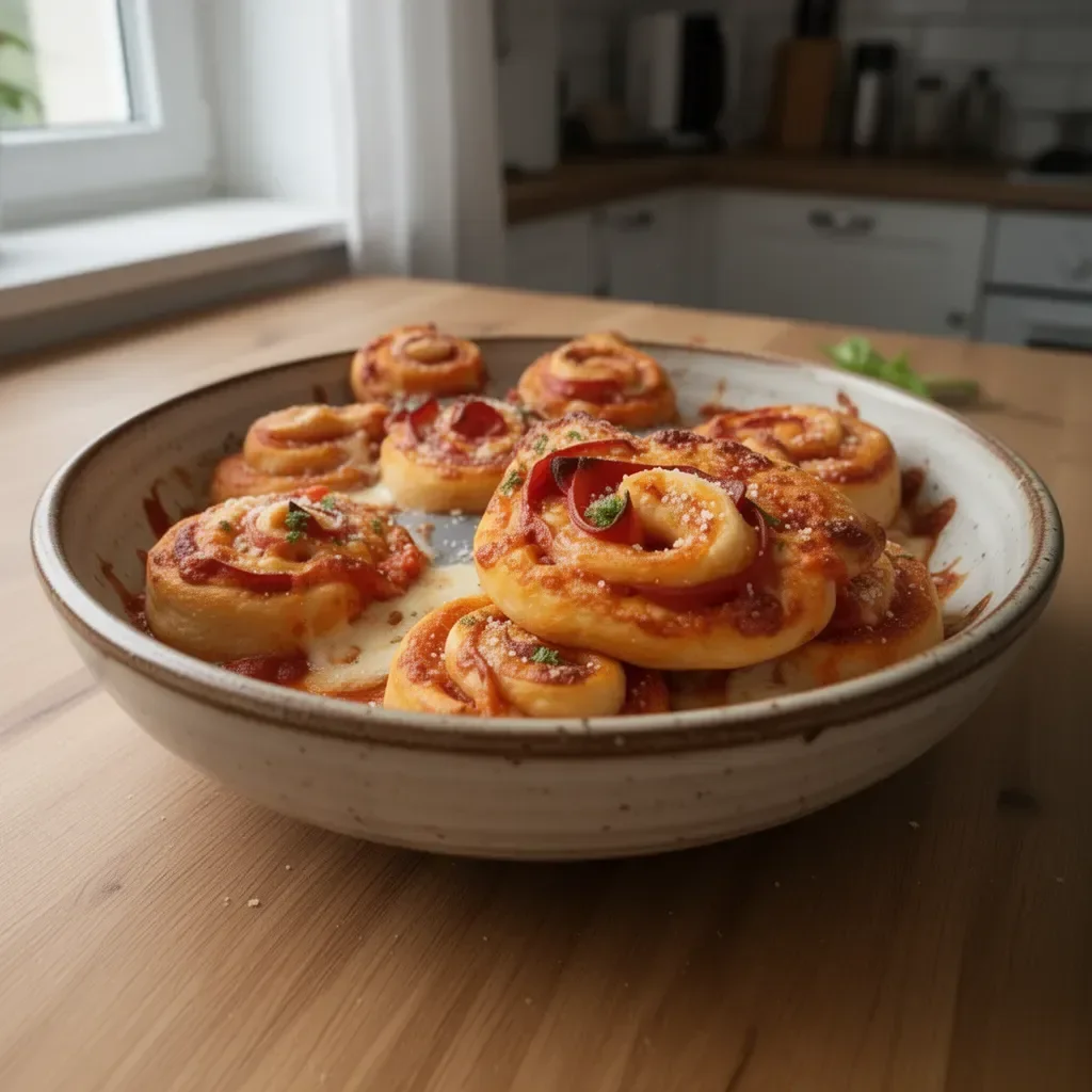 Leckere Pizza-Rollen mit Käse und Belag, perfekt als Snack oder Fingerfood.