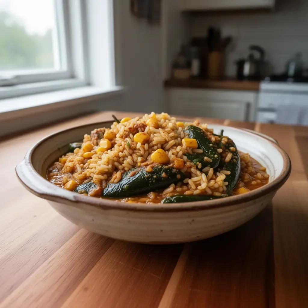 Schüssel mit Poblano-Reis, serviert mit frischem Gemüse