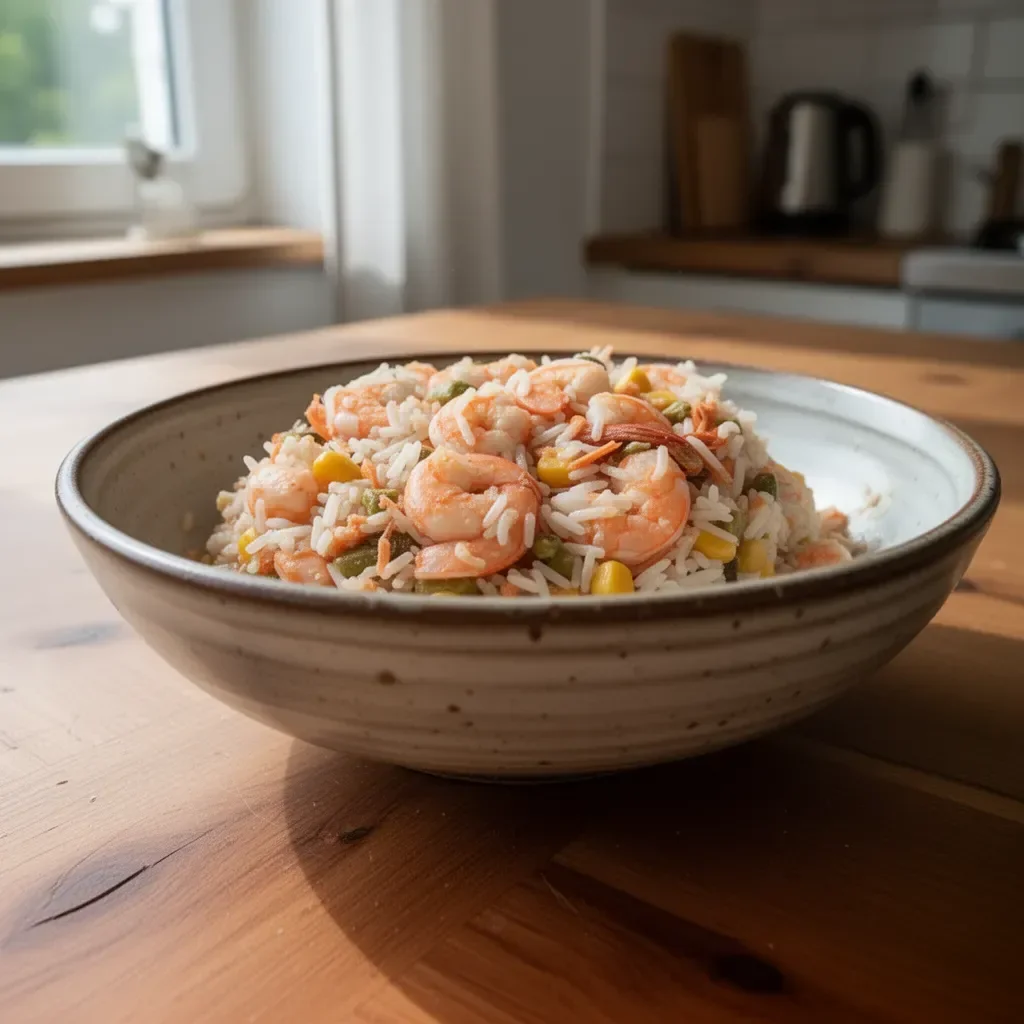 Reis Salade mit Garnelen, eine köstliche und gesunde Kombination.