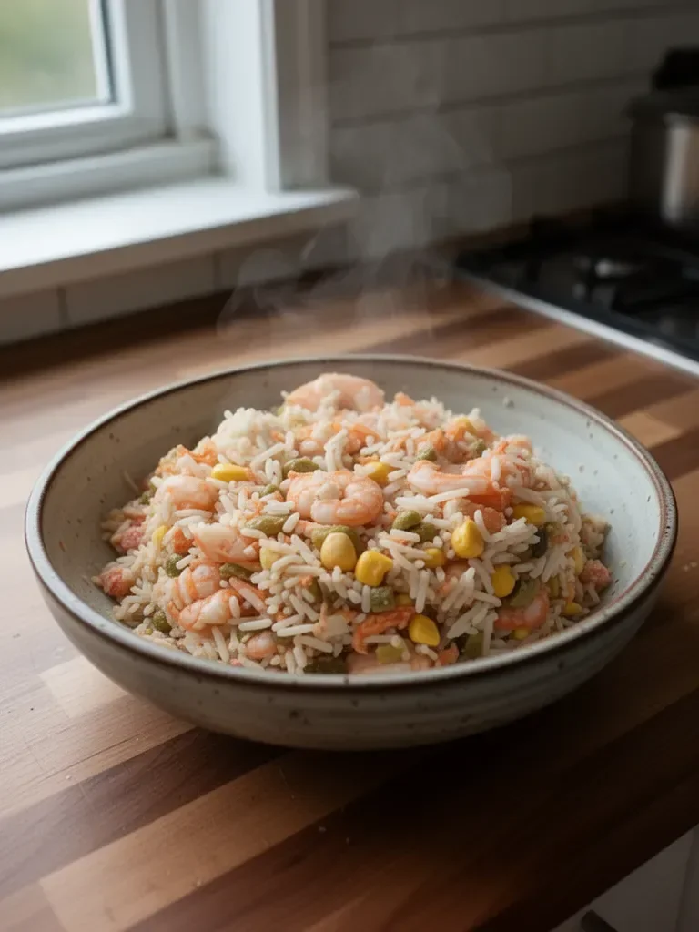 Reis salade mit Garnelen