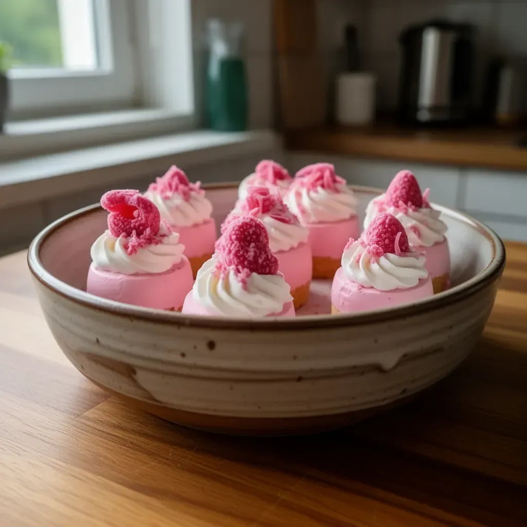 Rosa Samt Käsebissen ohne Backen auf einem Teller serviert