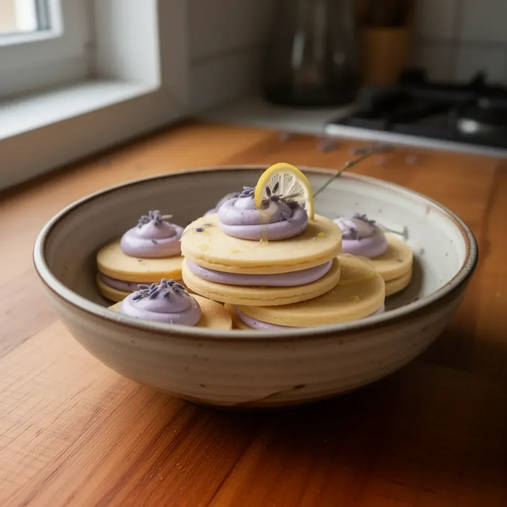 Sandwichkekse mit Zitrone und Lavendel auf einem weißen Teller serviert
