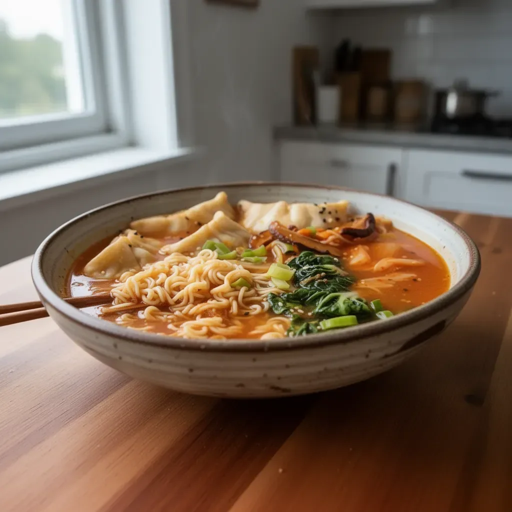 Schüssel Sopa de Fideos mit Kimchi und Empanadillas auf einem Tisch