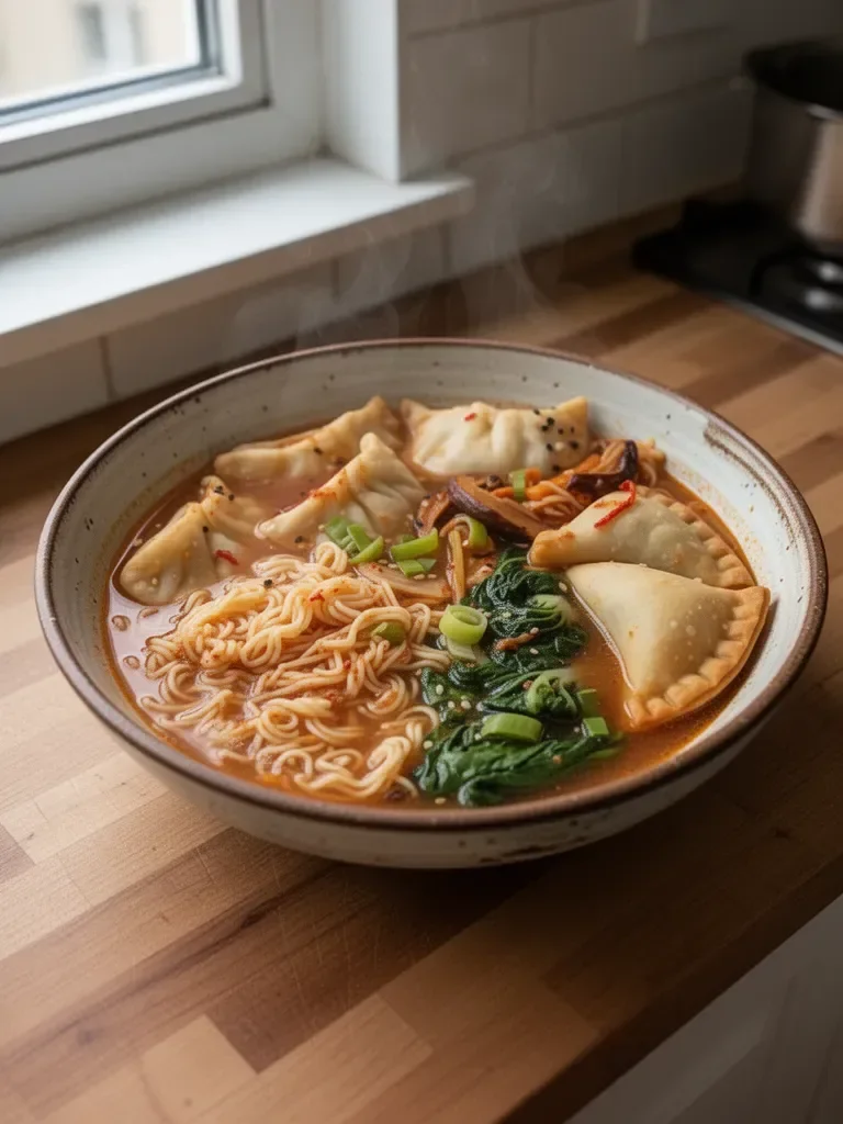 Sopa de Fideos con Kimchi y Empanadillas