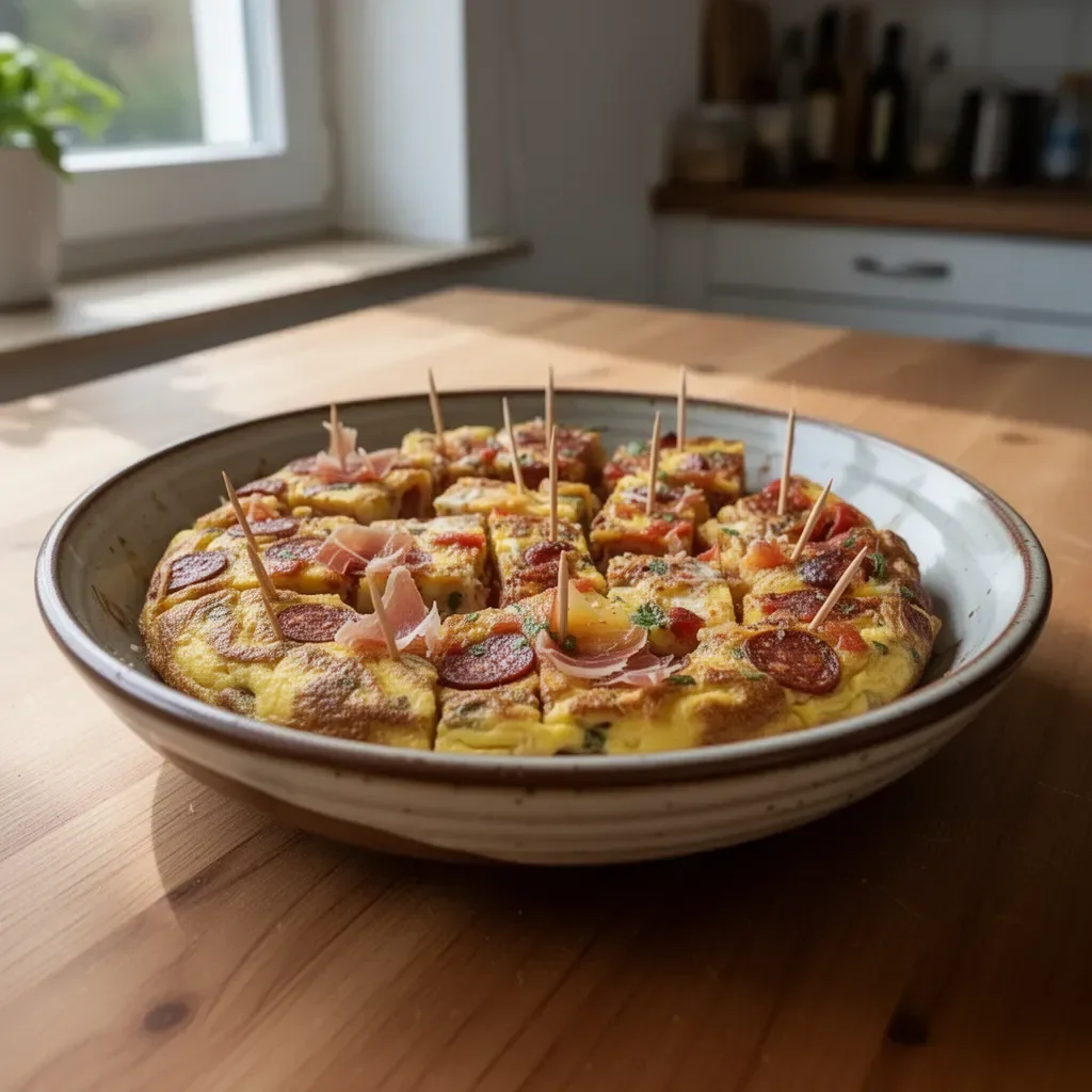 Spanische Tortilla mit Chorizo und Serrano-Schinken auf einem Teller serviert