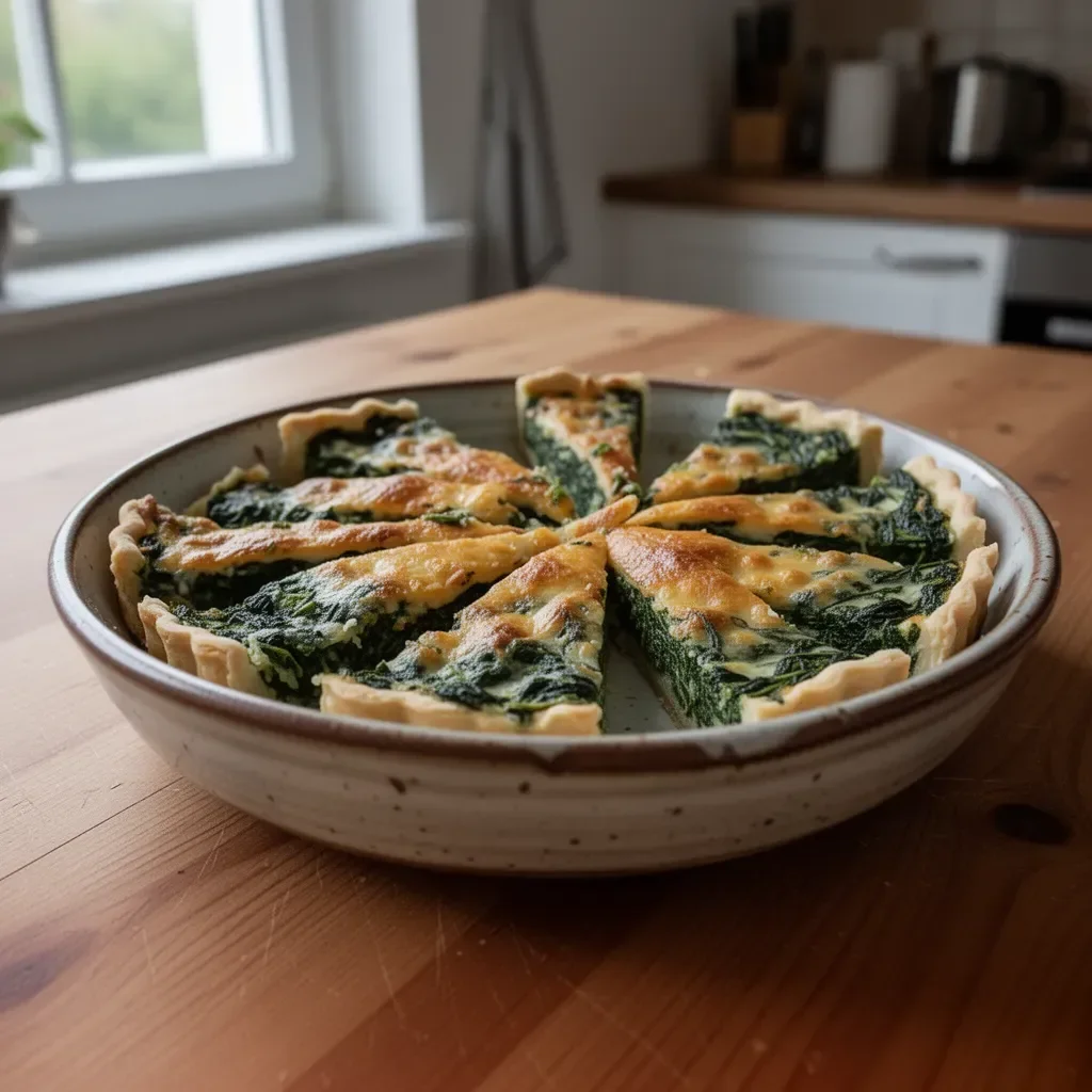 Spinat- und Käse-Quiche fertig zum Servieren auf einem Teller