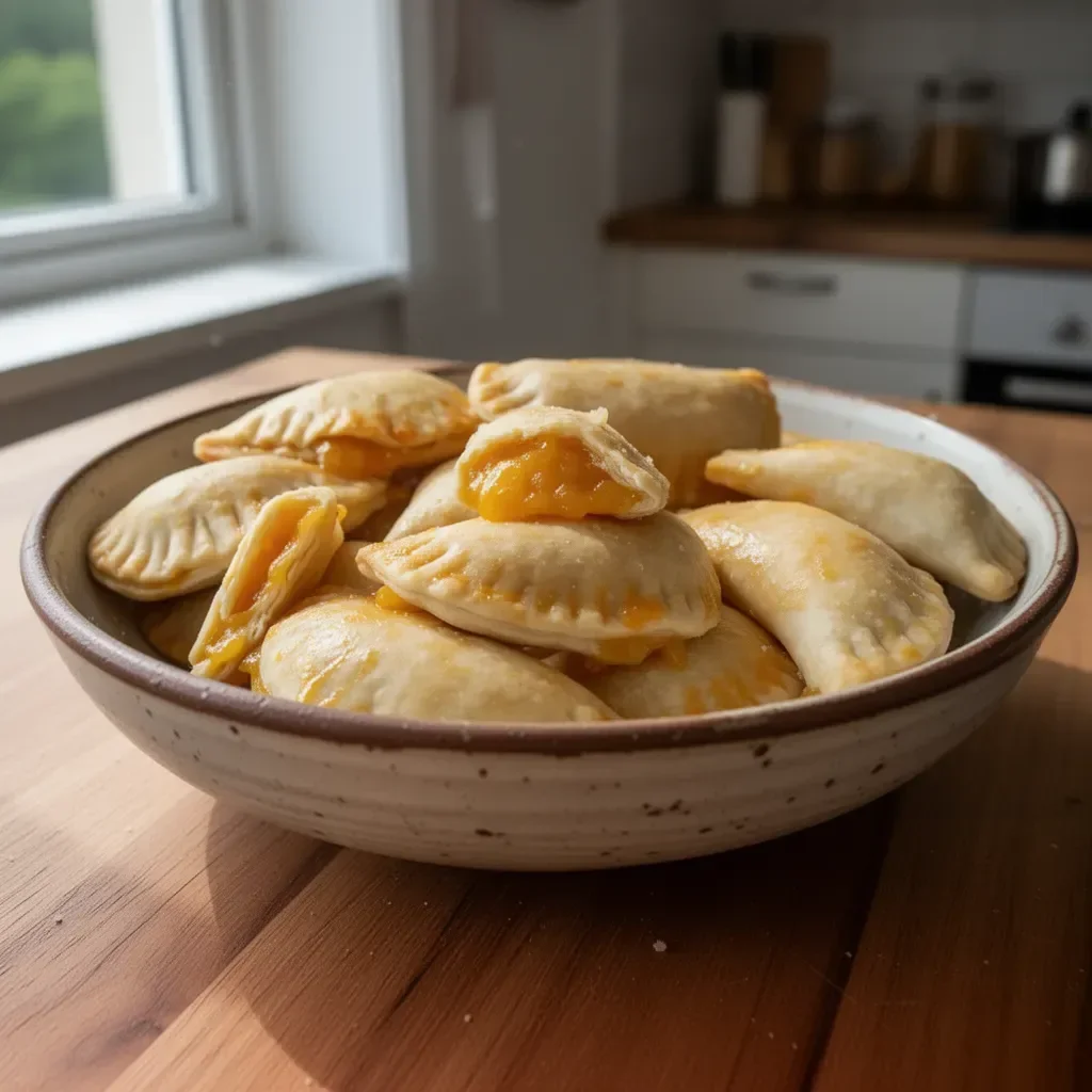 Verschiedene Empanadas aus süßem und herzhaftem Teig auf einem Holzbrett