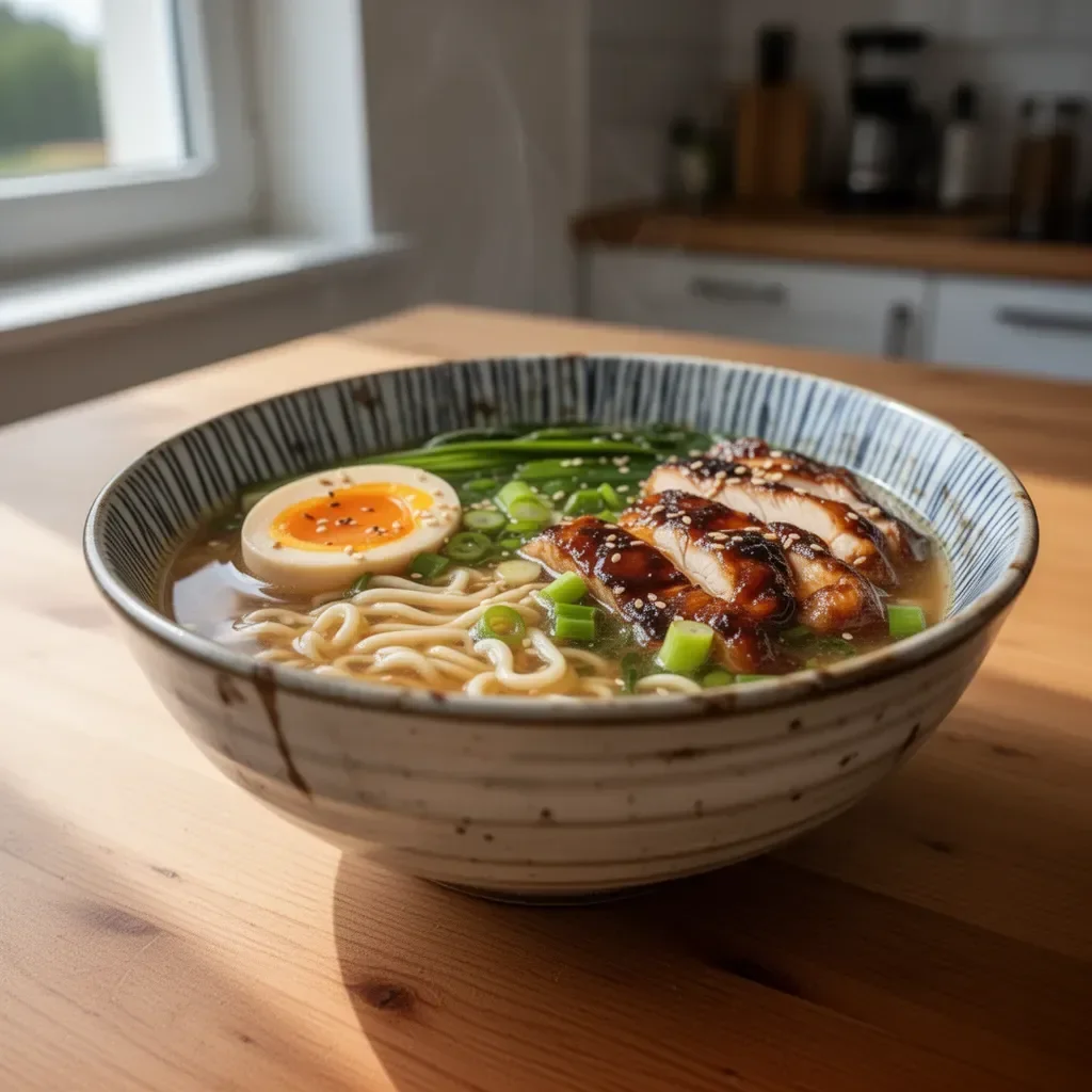 Schüssel mit Teriyaki-Hühnchen-Ramen-Nudelsuppe, frisch zubereitet