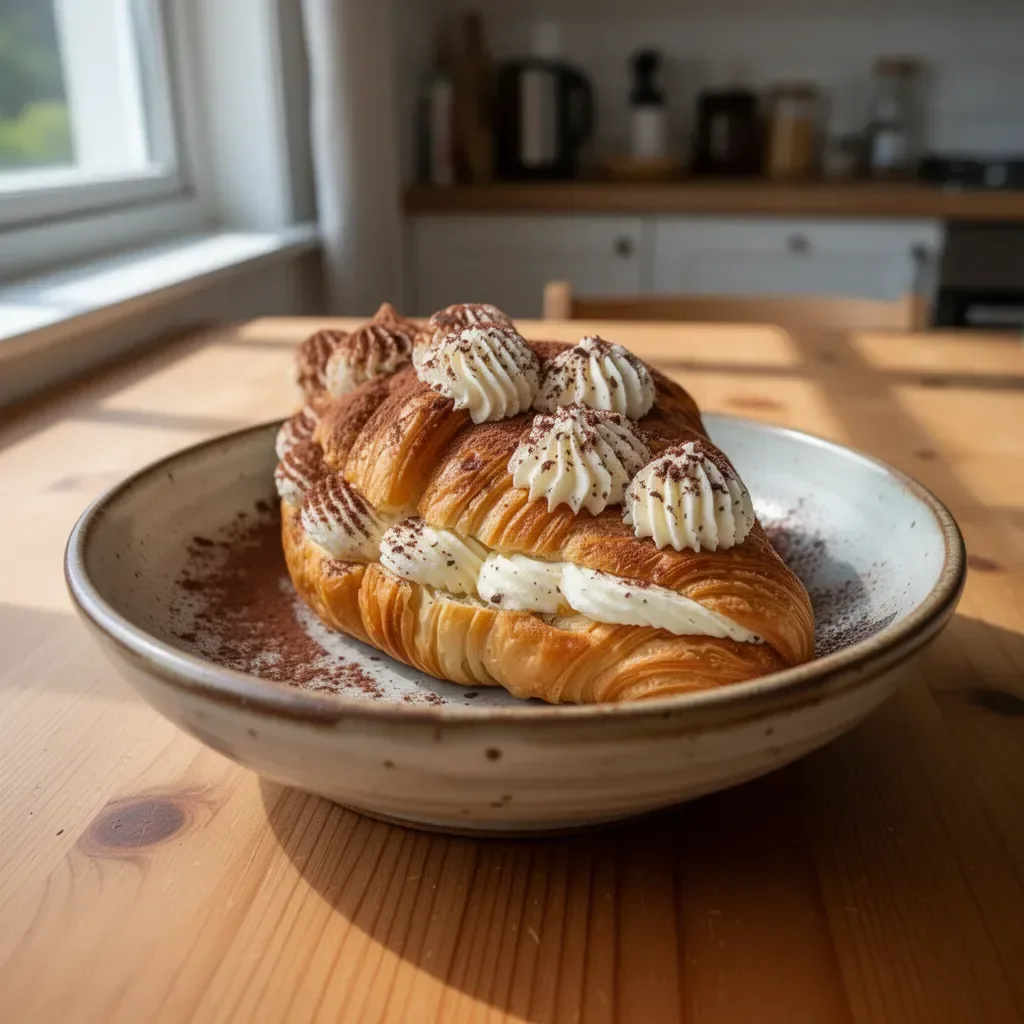 Leckerer Tiramisu-Croissant mit Kaffee und Mascarpone-Füllung