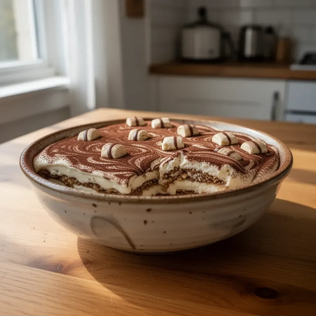 Süßes Tiramisu Kinder Bueno Dessert mit Schichten aus Creme und Bueno Riegeln