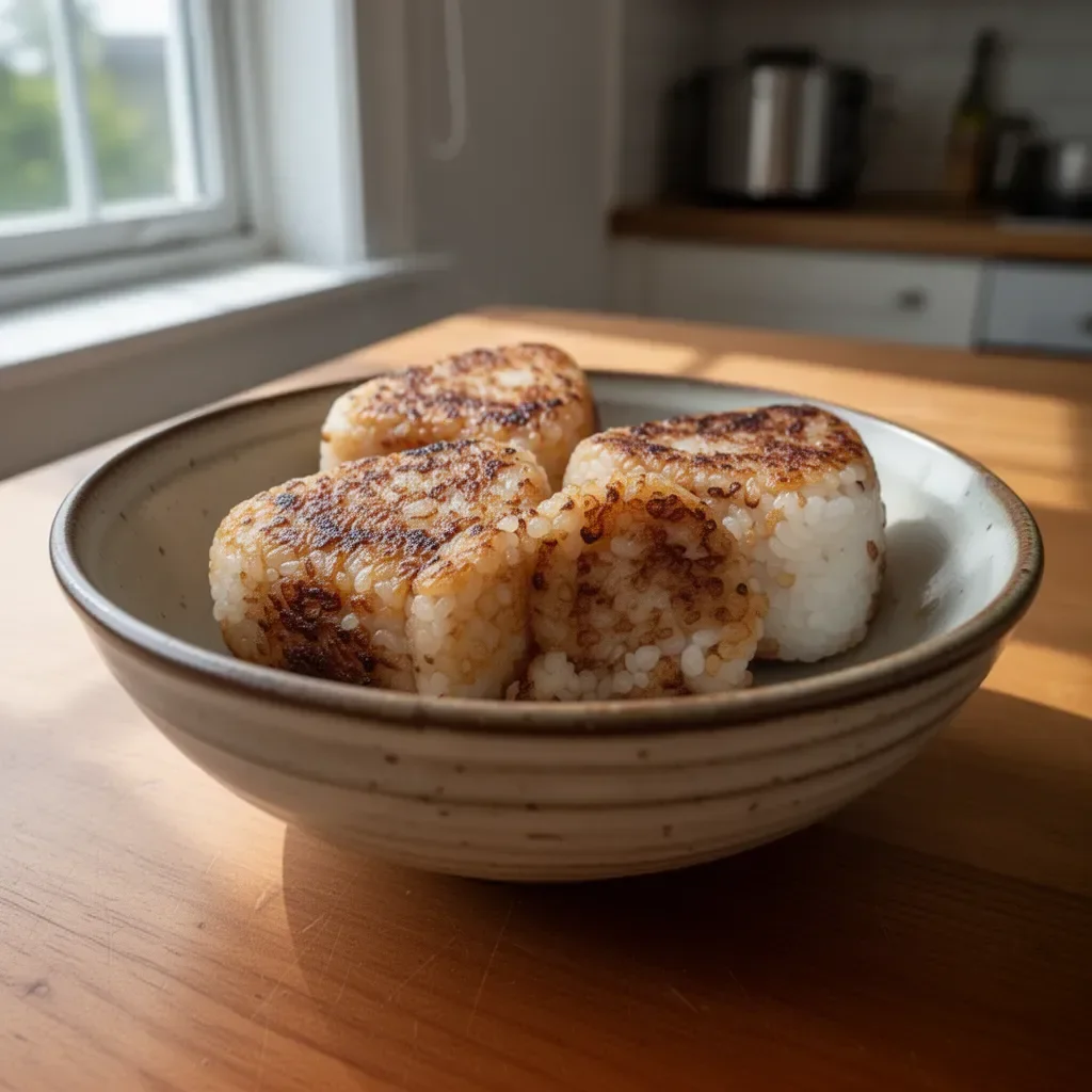 Gegrillte Yaki Onigiri-Reisbälle auf einem Teller
