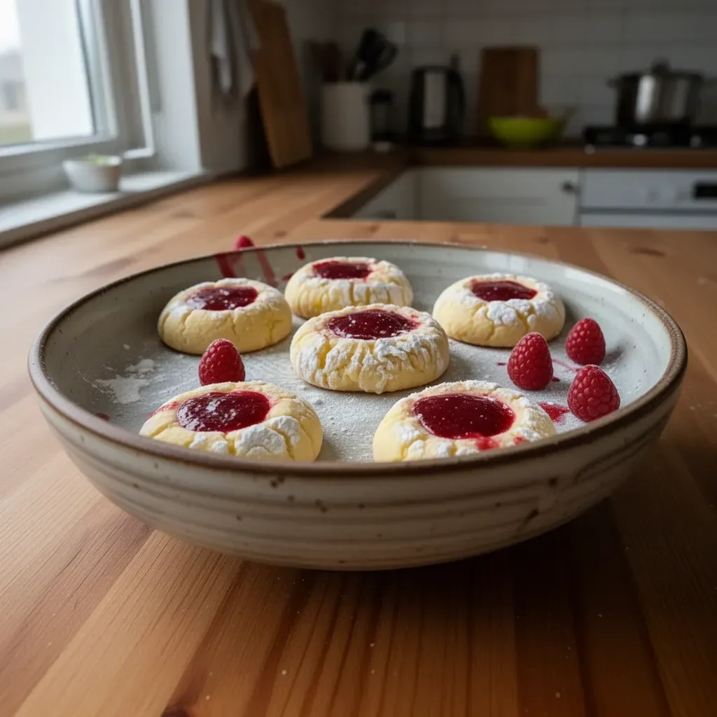 Zitronenkekse mit Himbeermeringue auf einem Teller, dekorativ präsentiert.