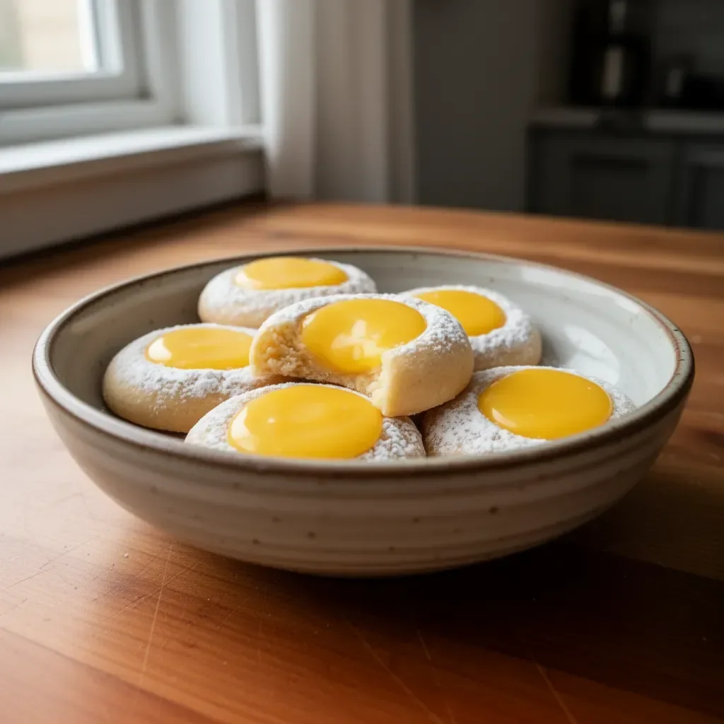 Zitronenkekse mit Zitronen-Curd-Füllung auf einem Teller, frisch gebacken.