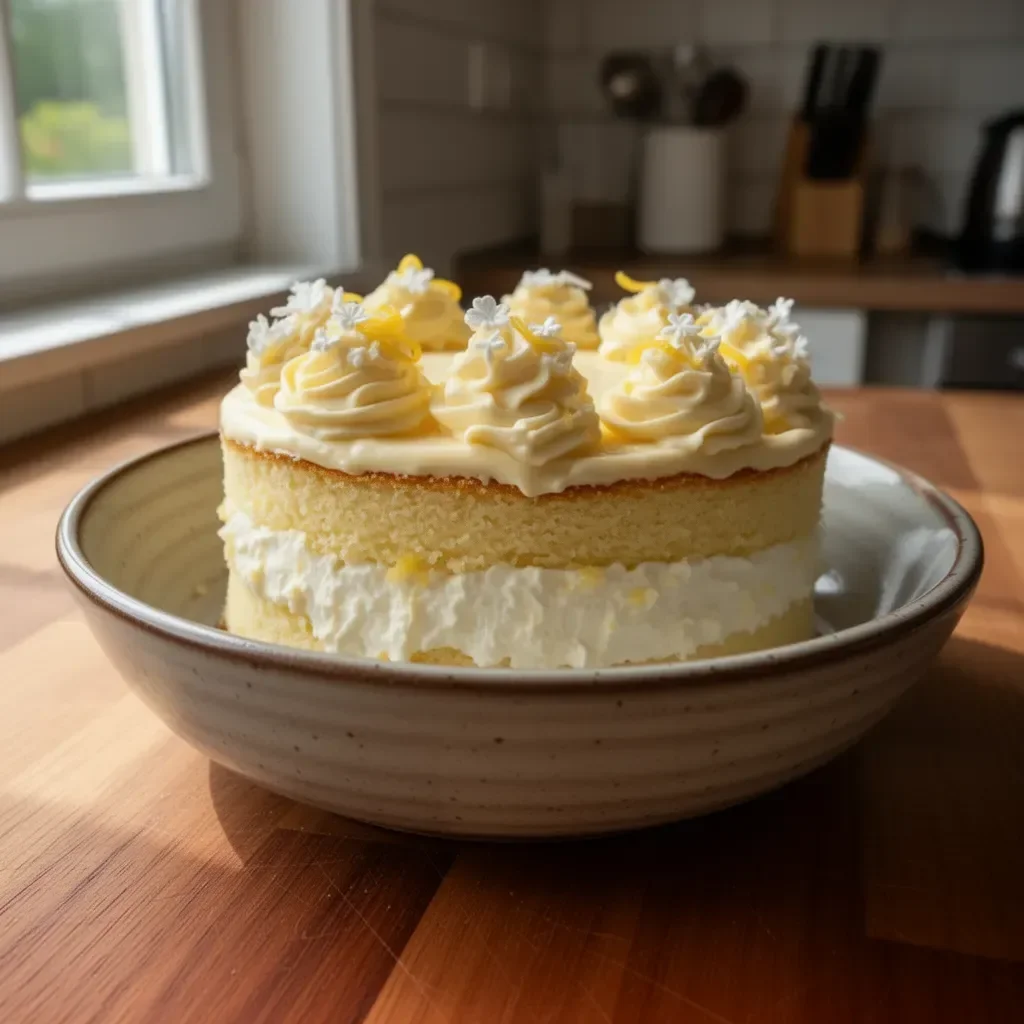 Saftiger Zitronenkuchen mit frischem Zitrusaroma auf einem schönen Dessertteller